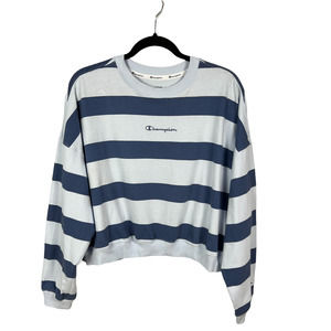 Champion Striped Center Logo Long Sleeve Boxy T-Shirt Blue Size Medium